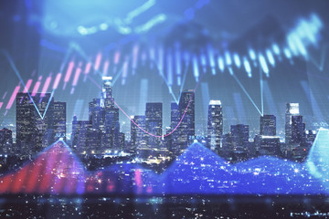 Forex chart on cityscape with tall buildings background multi exposure. Financial research concept.