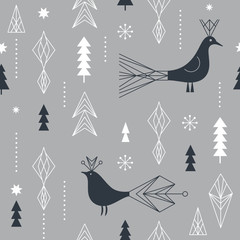 Seamless Christmas pattern with stylized snowflakes,  birds and geometric shapes, fabric design or gift paper, wrapping print	