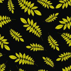 Naklejka na ściany i meble Seamless leaf pattern. Motifs scattered random. Seamless vector texture. Elegant template for fashion prints. Yellow leaves on black background. Texture for textile, wrapping paper, cover, backg