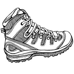 Black and white hand-drawn illustration of hiking boots, trail shoes, quality and durable, for travel, tourism, camping, backpacking, climbing, mountaineering and hunting, isolated on white background