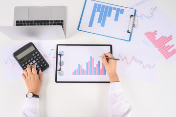 Top view of Professional executive Business colleague team working and analyzing with new project of accounting finance, Idea presentation and meeting strategy plan of financial business investment.