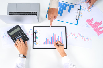 Top view of Professional executive Business colleague team working and analyzing with new project of accounting finance, Idea presentation and meeting strategy plan of financial business investment.
