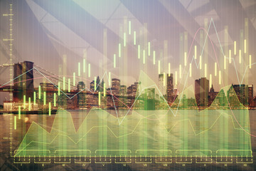 Financial graph on night city scape with tall buildings background multi exposure. Analysis concept.