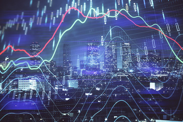 Financial graph on night city scape with tall buildings background multi exposure. Analysis concept.