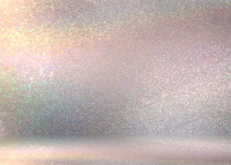 Shimmer vintage empty room 3d background. Subtle spectrum light pattern. Glitter wall and floor texture.