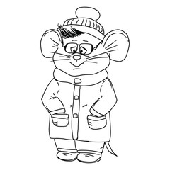 Adorable black and white illustration of a cute little mouse in glasses, perfect for children's coloring book or coloring game - Vector