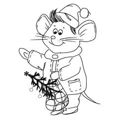 Adorable black and white illustration of a cute little mouse with christmas tree in contour, perfect for children's coloring book or coloring game - Vector