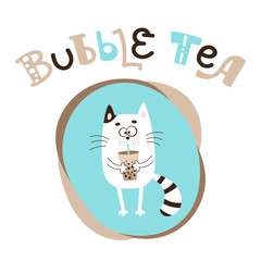 A blue cat holds a glass of tapioca tea in its paws. Vector image