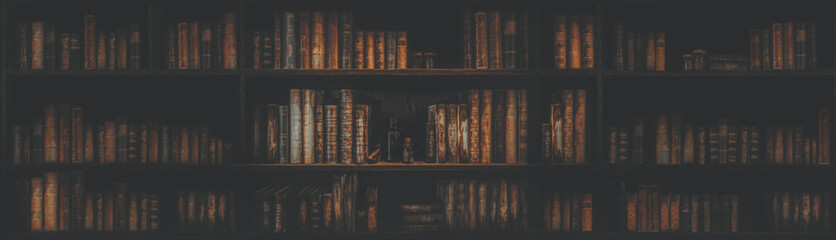 panorama blurred bookshelf Many old books in a book shop or library