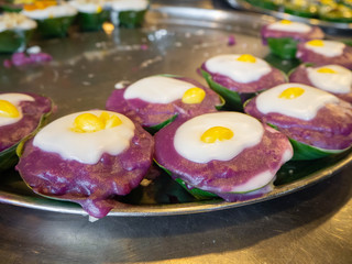 Thai Dessert name Tako colorful,Sweet taste made from materials coconut milk and sugar on banana leaf,At market Bangkachao Bangkok Thailand