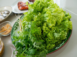 Lettuce and coriander is healthy for body,Ingredient Thai food name is Maing PLA-too or salad fried fish,Street food in Bangkok