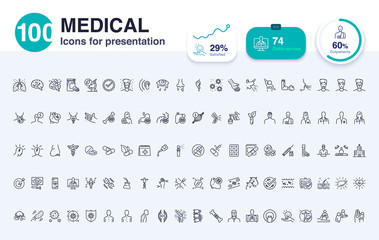 100 Medical line icon for presentation. Included icons as report, biotechnology, hospital, health, data and more.