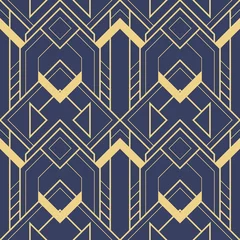 Keuken foto achterwand Blauw goud Abstract art deco geometrisch tegelspatroon op blauwe achtergrond