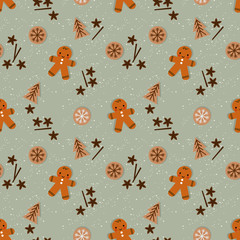 Cute Christmas gingerbread man in Christmas season seamless pattern.