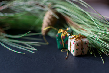 Still life of christmas accessories on black background