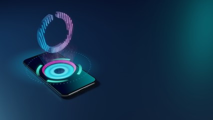 3D rendering neon holographic phone symbol of circle notch icon on dark background