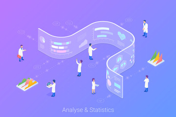 Analyse Statistics Big Data Charts Diagrams Isometric Flat vector illustration. People working with future interface HUD on virtual transparent wall.