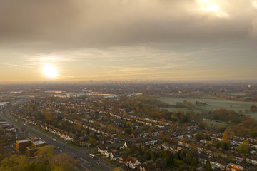 Birmingham West Midlands aerial view at sunrise, UK suburbs