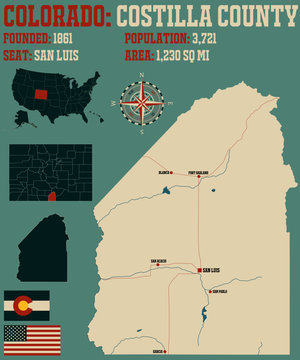 Large and detailed map of Costilla county in Colorado, USA