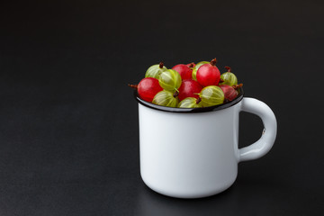 Ripe red and green gooseberries in a white metal mug