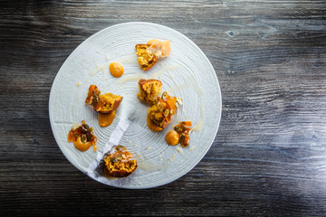 top view on modern restaurant dessert of cupcakes with sweet sauce