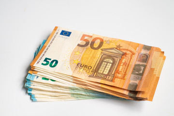 Euro money value of 50 20 bundle on white background