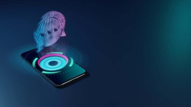 3D rendering neon holographic phone symbol of two rounded chat bubbles icon on dark background