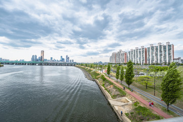 Time lapse River skyline that has passed from time to time in Seoul, South Ko