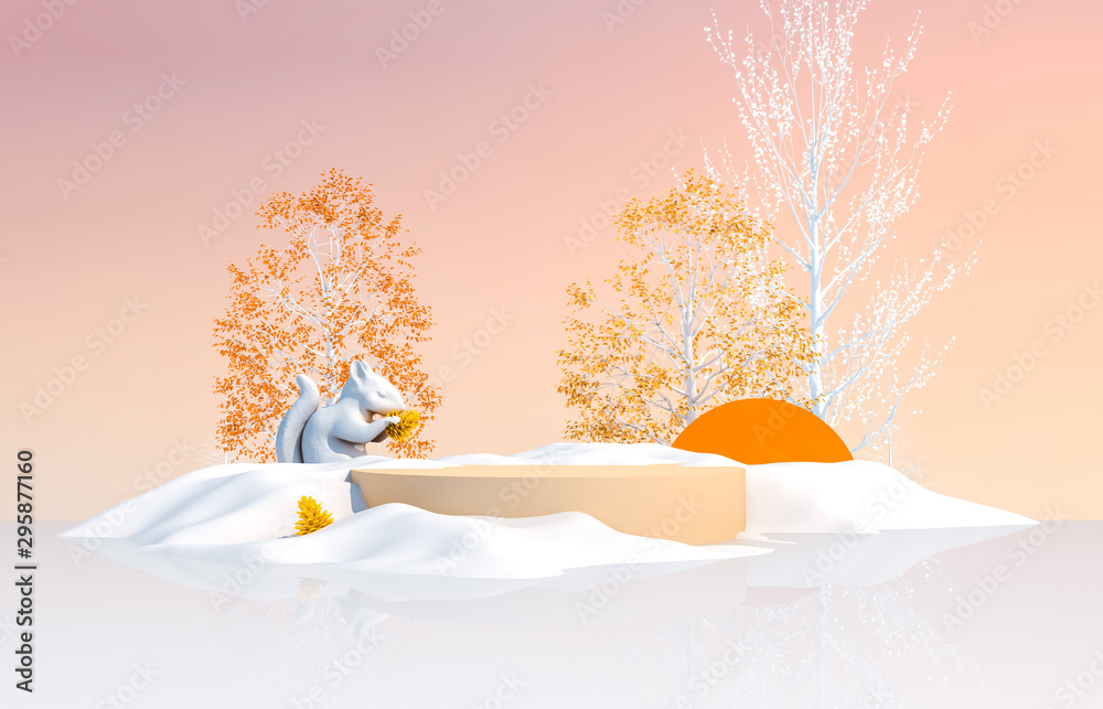 Poster abstract 3d composition. autumn - winter christmas background with geometric shapes.
