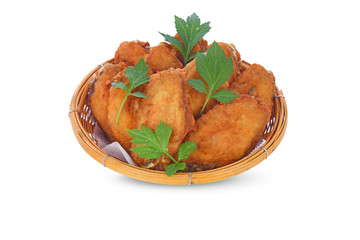 Fried chicken in basket bamboo on white background