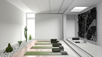 Architect interior designer concept: unfinished project that becomes real, empty yoga studio design, open space, vertical garden, succulents, ready for yoga practice, meditation room