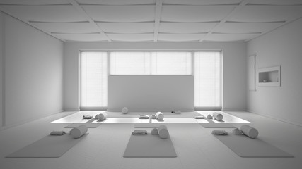 Fototapeta na wymiar Total white project draft of empty yoga studio interior design, open space with mats, pillows and accessories, venetian bamboo blind, parquet, ready for yoga practice, meditation room