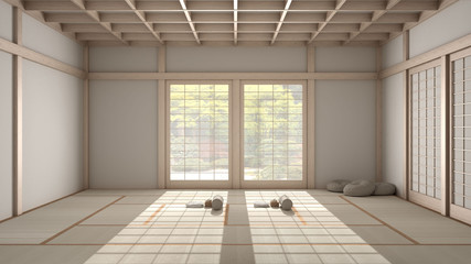 Empty yoga studio interior design, open space with mats, pillows and accessories, tatami, futon, wooden roof, window with zen garden panorama, ready for yoga practice, meditation room