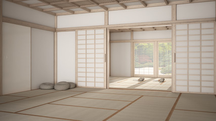 Empty yoga studio interior design, open space with mats, pillows and accessories, tatami, futon, wooden roof, window with zen garden panorama, ready for yoga practice, meditation room