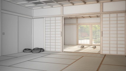 Architect interior designer concept: unfinished project that becomes real, empty yoga studio design, open space with mats, tatami, ready for yoga practice, meditation room
