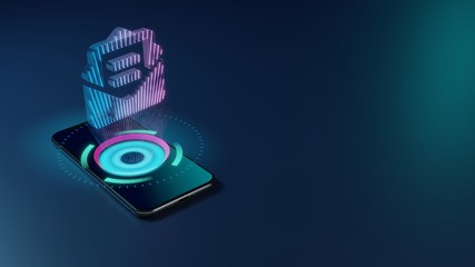 3D rendering neon holographic phone symbol of envelope open text icon on dark background