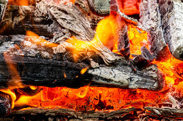 Cooking coals for cooking barbecue on grill. Beautiful bonfire from burning oak barbecue. Fire over burning coals. Selective focus. Blurred background. Dark charred wood and red-hot coals.
