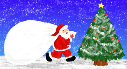 Santa Claus and a christmas tree in the silent night 聖夜のサンタクロースとクリスマスツリー