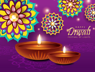 Happy Diwali Festival Design. Beautiful Indian Flower with Diya Oil Lamp Design. The Festival of Lights.