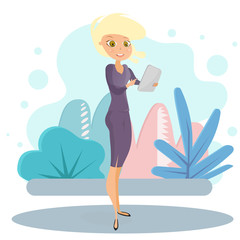 Obraz na płótnie Canvas Business girl blonde in a skirt holds a tablet in her hands. Vector illustration in trendy flat style in pastel soft colors. Plants, trees. Background style for banner, greeting card.