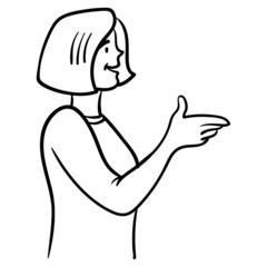 Woman from the side and short haircut speaks and gestures by hand. outline, comic, vector illustration.