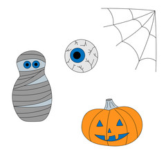 Halloween set of cartoon objects: mummy, eyeball, jack o'lantern and spider web.