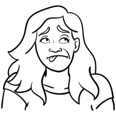 outline Drawing of a woman with long hair who looks up in disgust and sticks out her tongue. comic, vector, illustration.