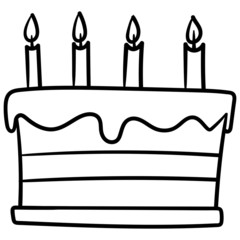 birthday cake with four candles. outline, comic, monochrome.