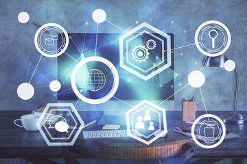 Computer on desktop with social network theme icon. Multi exposure. Concept of international...