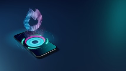 3D rendering neon holographic phone symbol of fire  icon on dark background