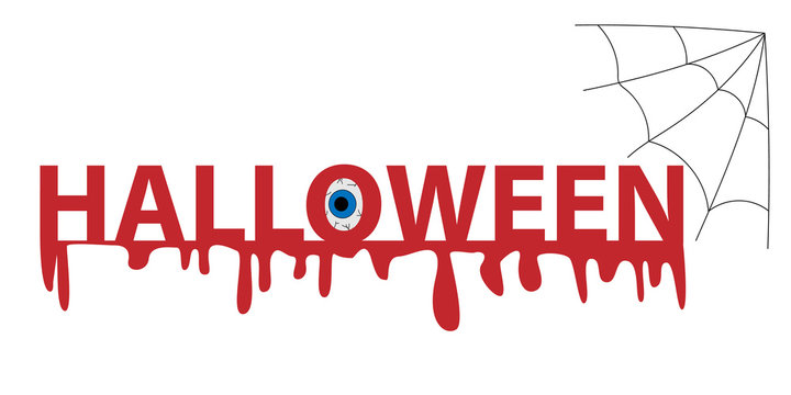 Bloody vector painting of the word "Halloween" with an eyeball and a spider web in a corner