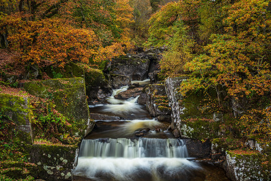 Bracklinn Falls waterfall in the foliage forest at Loch Lomond & the Trossachs National Park in autumn, Scotland UK