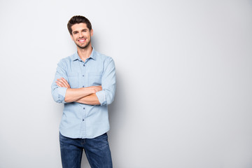 Portrait of positive cheerful cool college university man cross hand feel like true leader person...