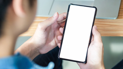 Close-up isolated smartphone on a man hands with clipping path.